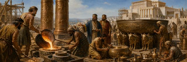 Hiram and bronze workers casting pillars, basins, and the great sea